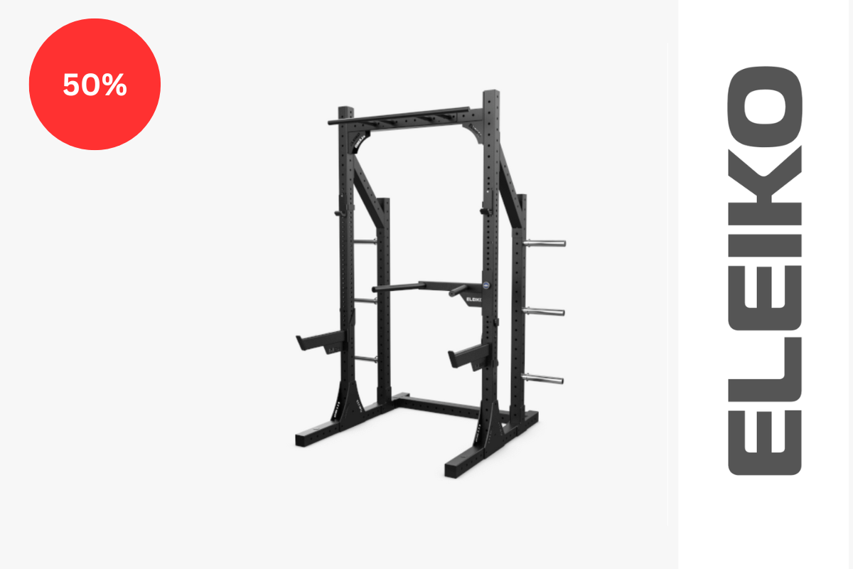 Eleiko XF 80 Half Rack Hybrid, J-cups, Safety Arms, Dips,Pull-Up- Black